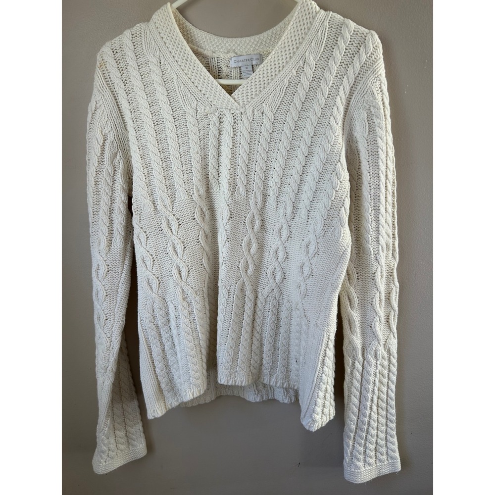 Charter Club Cream Cable Knit V‎ Neck Sweater Women's Size M Classic Preppy Cozy